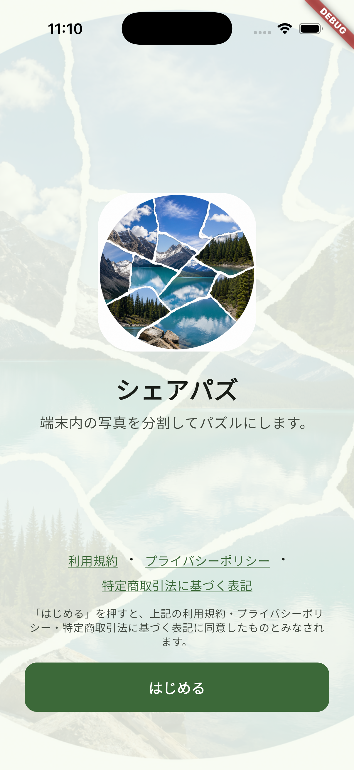 初回起動時のオープニング画面