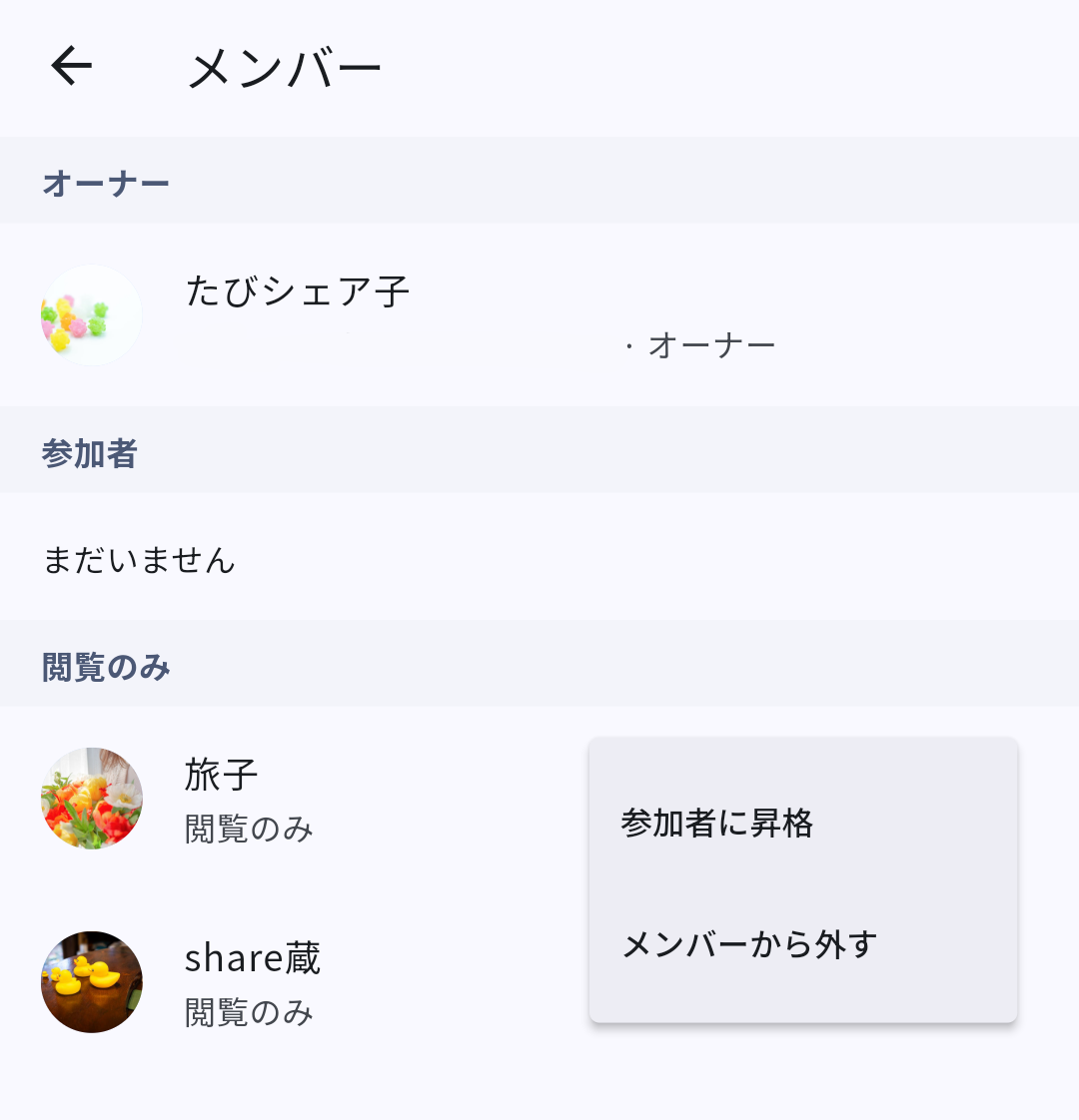TAVIshareのメンバー編集画面で参加者に昇格などの権限変更メニューを表示した状態