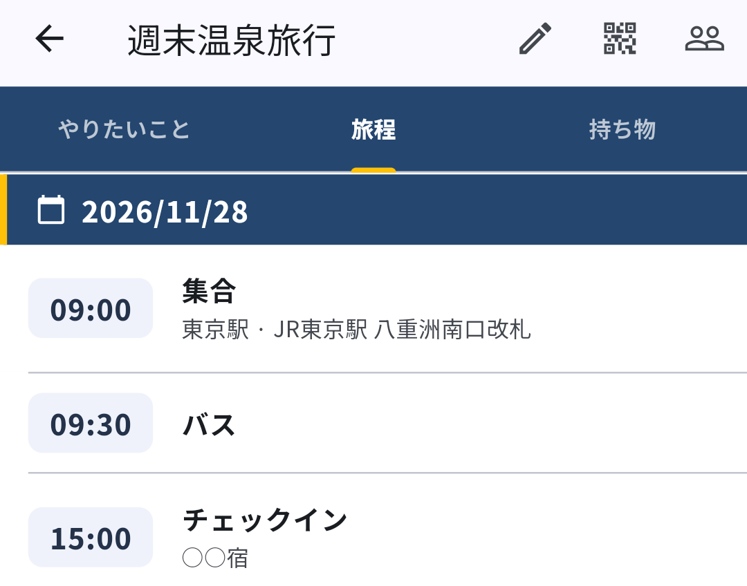 TAVIshareの旅程画面。日時が決まった予定を日ごとに整理できます。